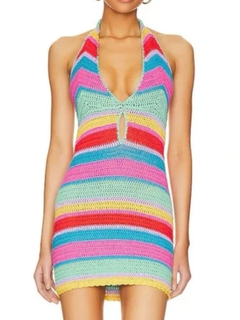 NWT Revolve More To Come Kalisse Crochet Halter Mini Dress Multicolor Stripe L